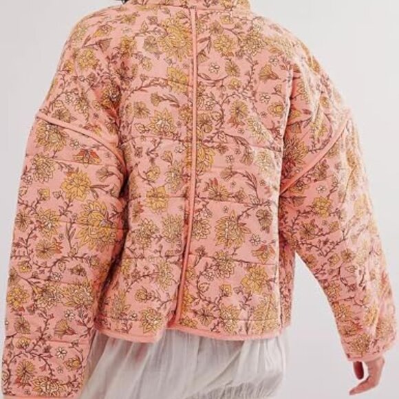 Women's Floral Quilted Cropped Puffer Jacket Open Front Lightweight - Picture 3 of 5